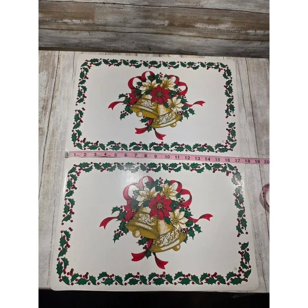 Vintage Christmas Placemats Lot of 7 Holiday Tree Bells Bunny Poinsettia Decor